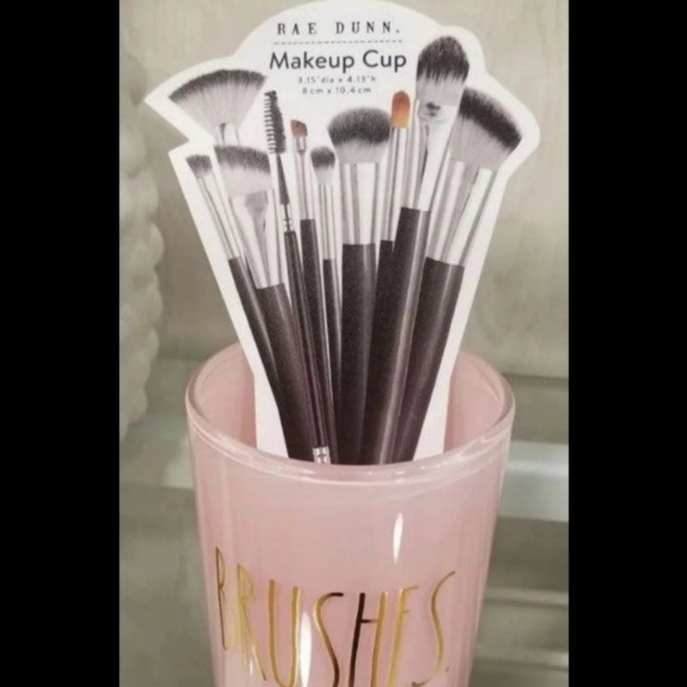 Rae Dunn Glass Cosmetic Brush Cup Pink Gold Magenta Coll.  BNWT Retired 1 Left!